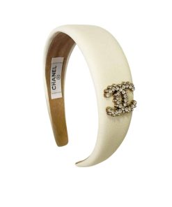 Chanel Cc Leather Headband With Gold Hardware In White