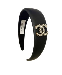 Chanel Cc Leather Headband With Gold Hardware In Black
