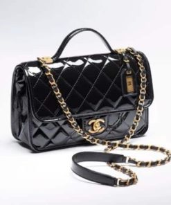 Chanel Top Handle Medium Flap Leather Shiny Black