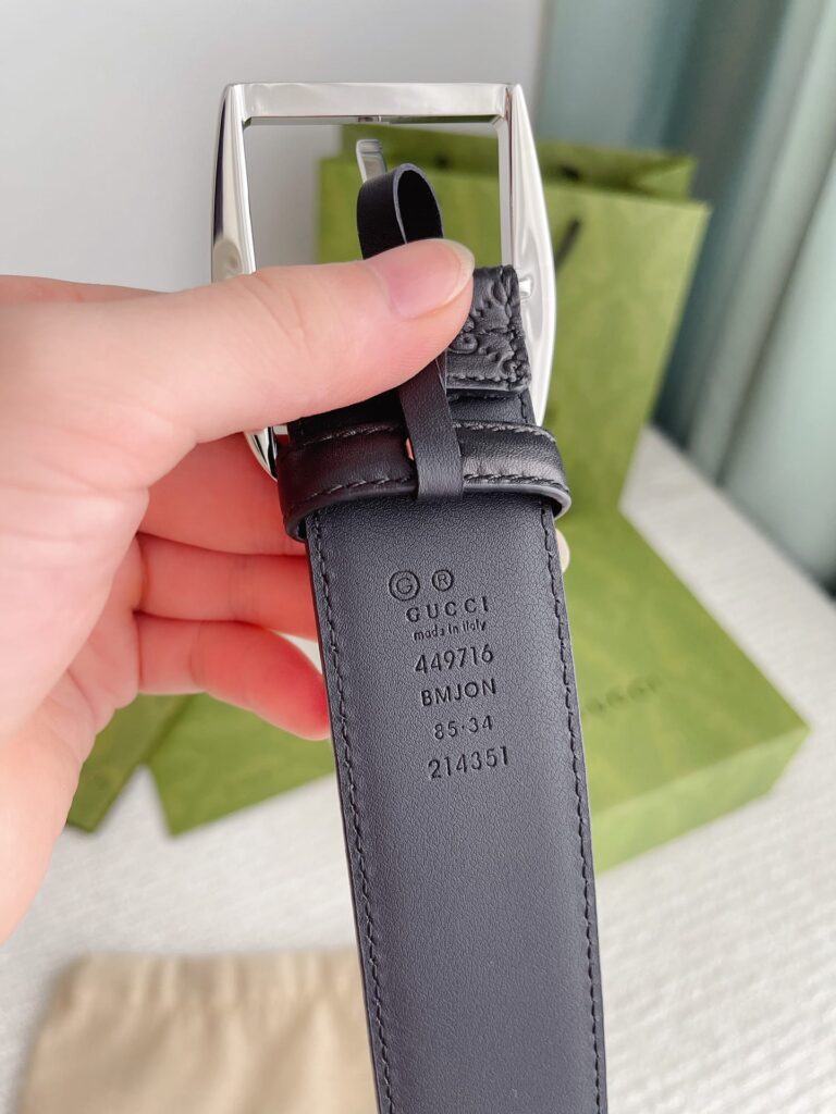 Gucci Calfskin Monogram Black Belt Silver Metal 4Cm - Image 6