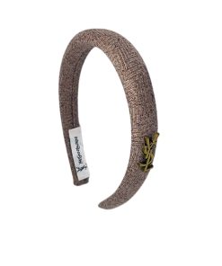Saint Laurent Small Ysl Tweed Headband With Gold Hardware In Light Brown