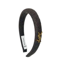 Saint Laurent Small Ysl Tweed Headband With Gold Hardware In Dark Grey