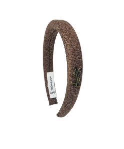 Saint Laurent Small Ysl Tweed Headband With Gold Hardware In Dark Brown