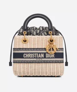 Dior Medium Lady Natural Wicker Navy Blue Oblique Jacquard M0565Cmvo_M808 24Cm