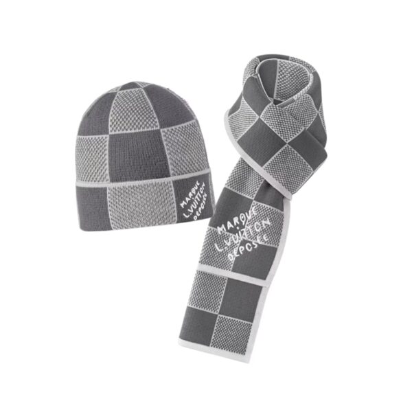 Louis Vuitton Damier Heritage Scarf And Beanie Hat Wool Set Dark Grey M92664