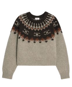 Celine Crew Neck Sweater In Triomphe Fair Isle Wool Grey