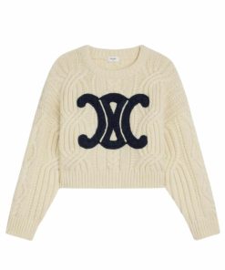 Celine Triomphe Crew Neck Sweater In Aran Wool Cream