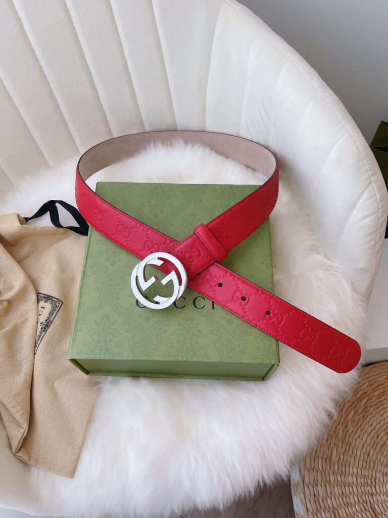 Gucci Calfskin Monogram Red Belt Silver Metal 3.5Cm - Image 5