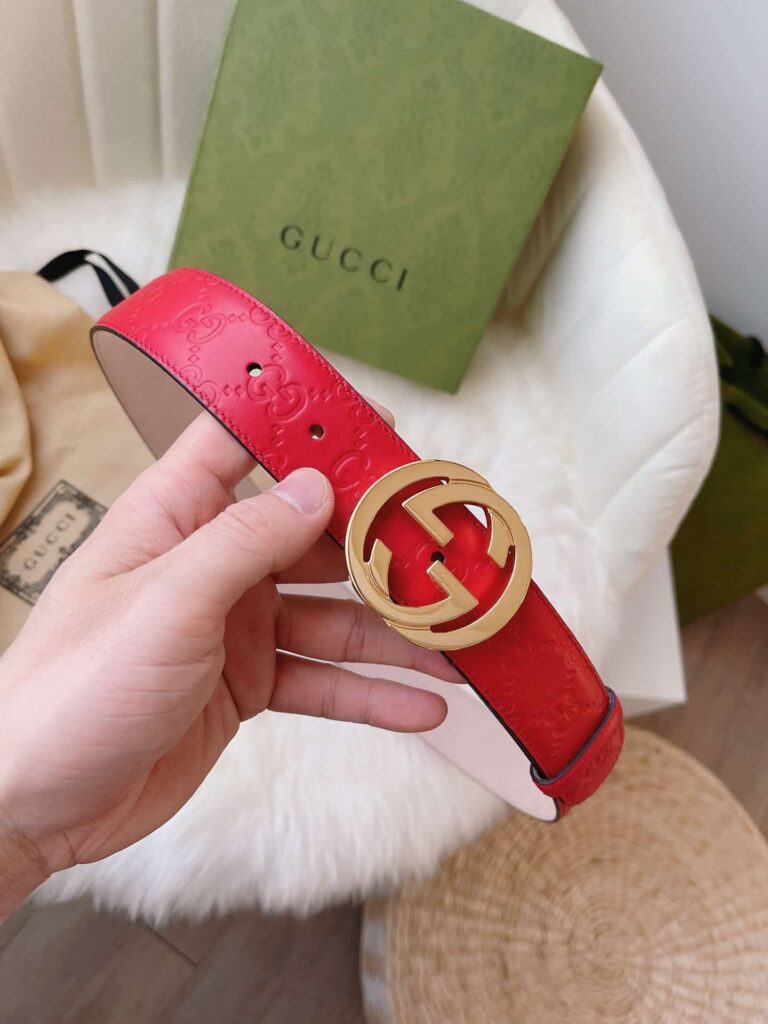 Gucci Calfskin Monogram Red Belt Gold Metal 3.5Cm - Image 4