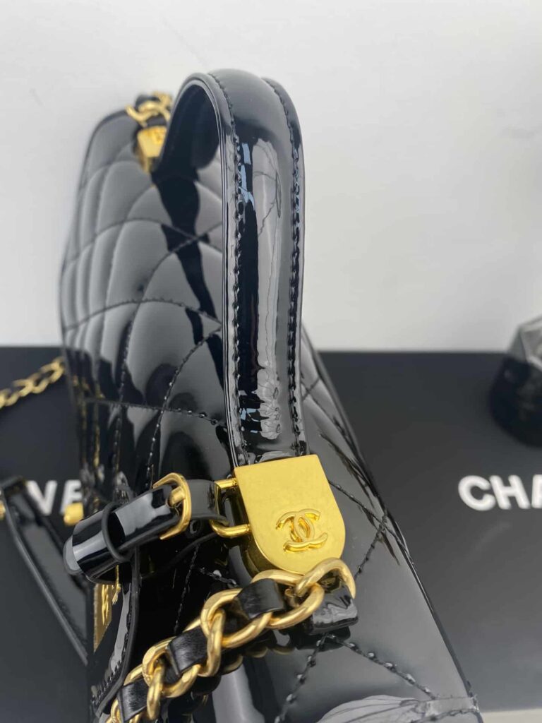 Chanel Top Handle Medium Flap Leather Shiny Black - Image 3