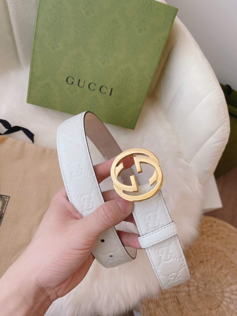 Gucci Calfskin Monogram White Belt Gold Metal 3.5Cm - Image 6