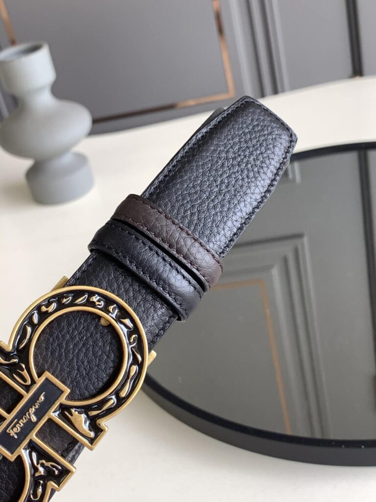 Salvatore Ferragamo Reversible And Gancini Gold Pattern Belt  3.5Cm - Image 4