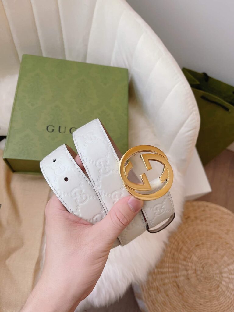 Gucci Calfskin Monogram White Belt Gold Metal 3.5Cm - Image 5