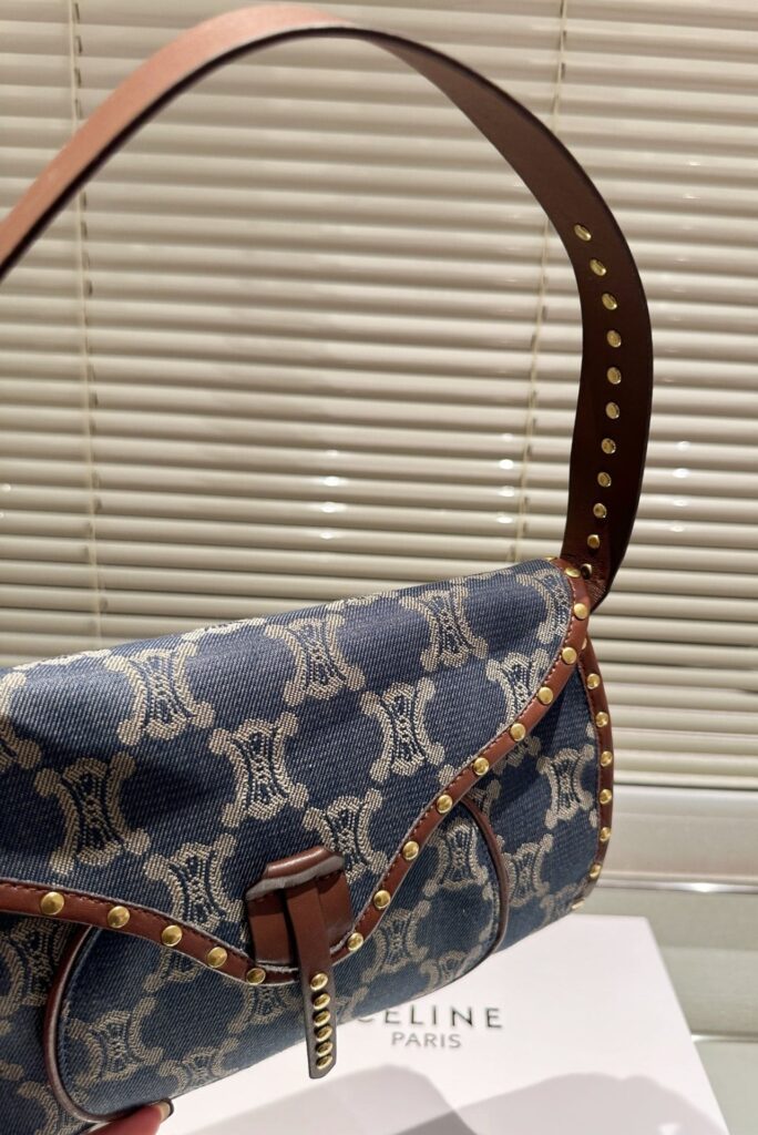 Celine Studded Baguette Bag Macadam Denim Blue Brown 25Cm - Image 2