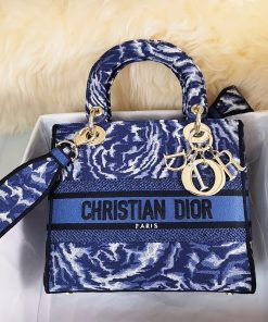 Dior Medium Lady  D-Lite Dark Blue Embroidery 24Cm