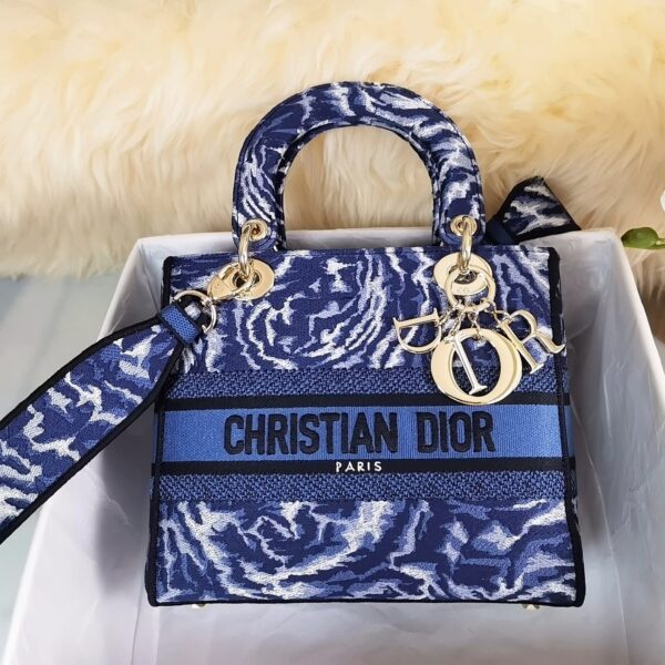 Dior Medium Lady D-Lite Dark Blue Embroidery 24Cm