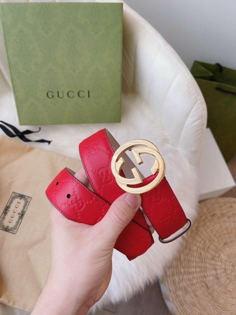 Gucci Calfskin Monogram Red Belt Gold Metal 3.5Cm - Image 3