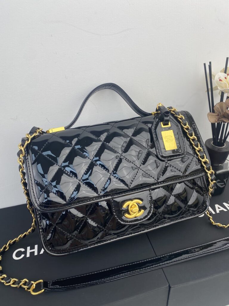 Chanel Top Handle Medium Flap Leather Shiny Black - Image 4