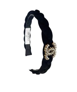 Chanel Cc Velvet Headband With Gold Hardware In Black