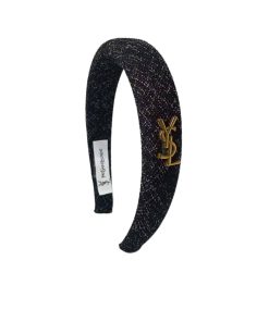 Saint Laurent Ysl Tweed Headband With Gold Hardware In Dark Grey