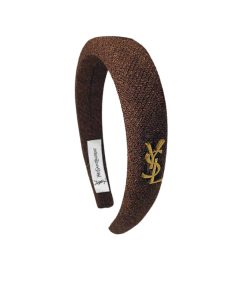 Saint Laurent Ysl Tweed Headband With Gold Hardware In Dark Brown