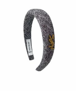 Saint Laurent Ysl Tweed Headband With Gold Hardware In Light Grey