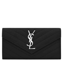 Saint Laurent Cassandre Matelass? Large Flap Wallet In Grain De Poudre Leather Black 19Cm