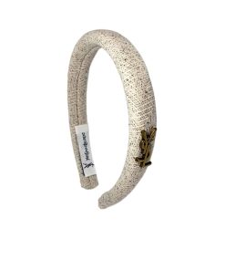 Saint Laurent Small Ysl Tweed Headband With Gold Hardware In White