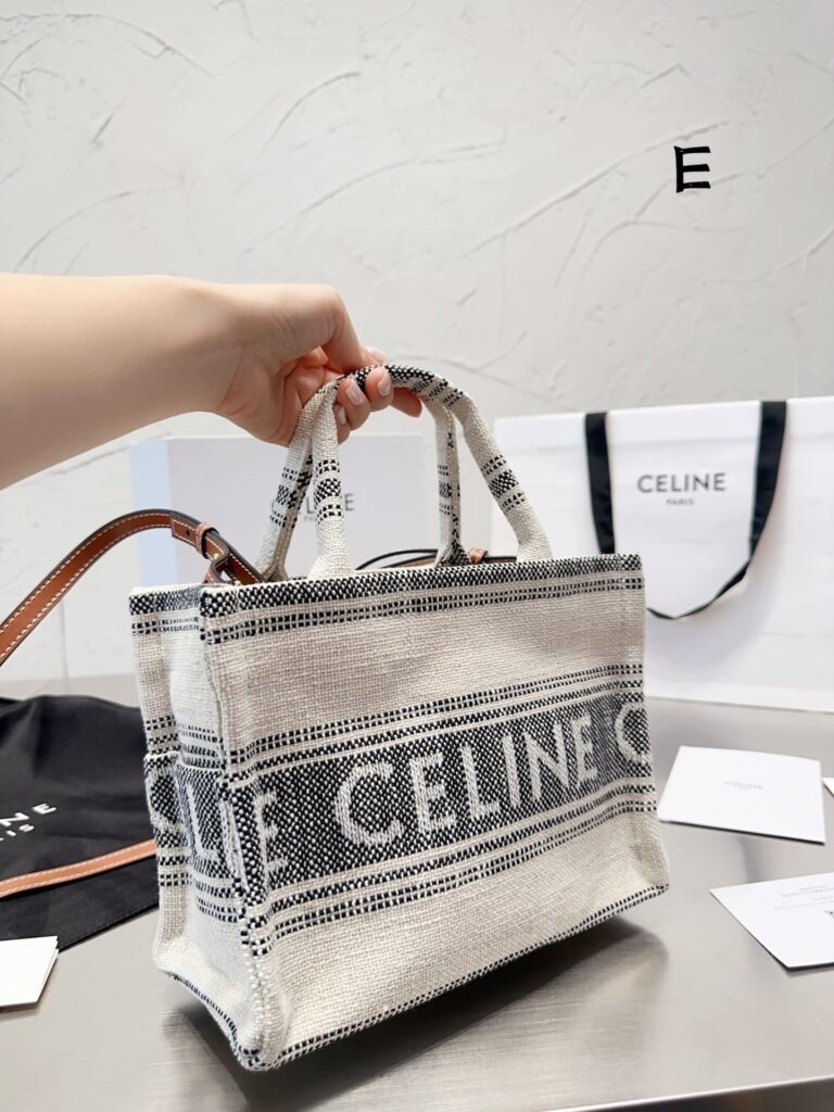 Celine Small Cabas Thais In Striped Textile With Celine Jacquard White 25Cm 199162Erp01Wb - Image 4