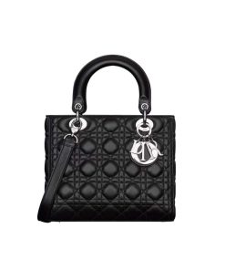 Dior Medium Lady Dior Bag Cannage Lambskin Black Silver Hardware 24Cm