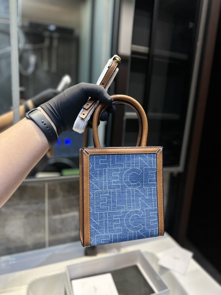 Celine Mini Vertical Cabas Celine In Denim With Celine All Over Print Navy Tan 21Cm 193302Eul 07At - Image 3