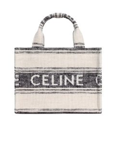 Celine Small Cabas Thais In Striped Textile With Celine Jacquard White 25Cm 199162Erp01Wb