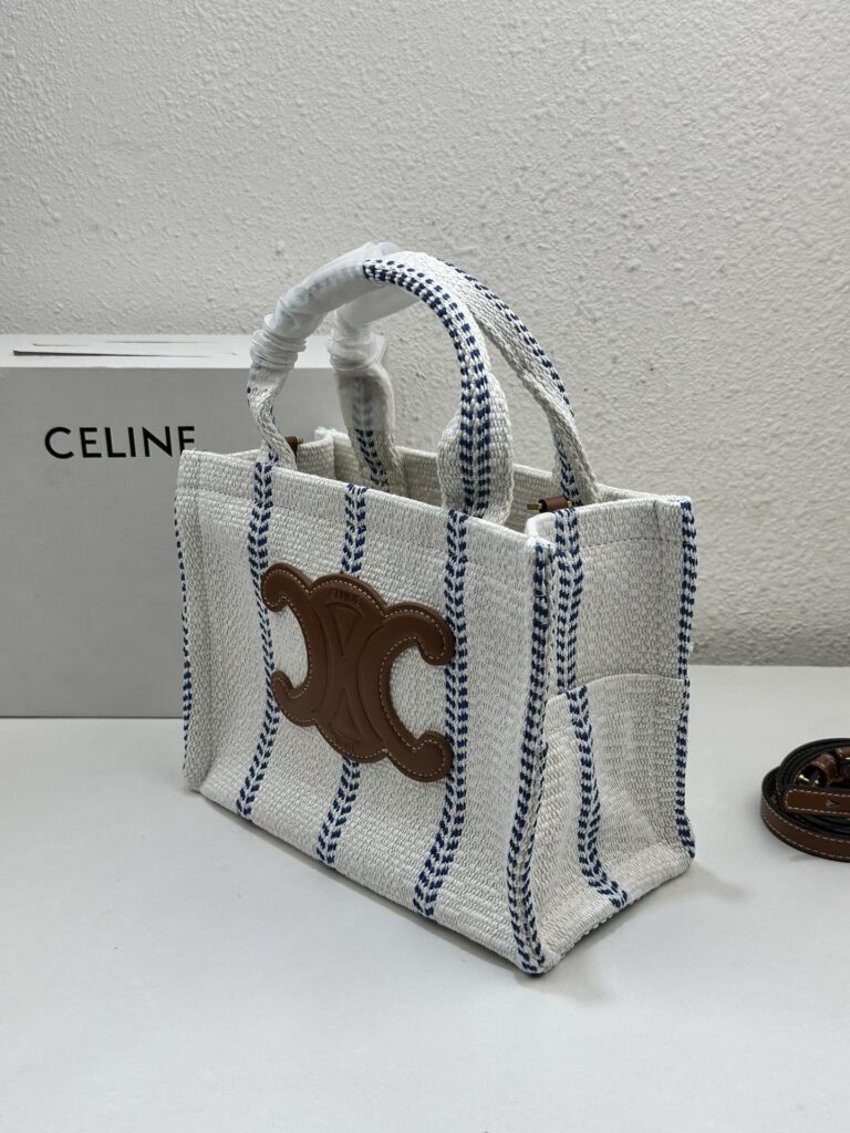 Celine Small Cabas Thais In Striped Textile And Calfskin Xhite/Blue 25Cm 199162Eyi01Bb - Image 8