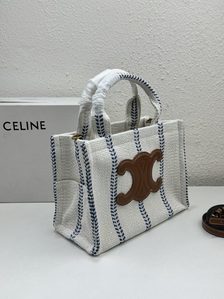 Celine Small Cabas Thais In Striped Textile And Calfskin Xhite/Blue 25Cm 199162Eyi01Bb - Image 9