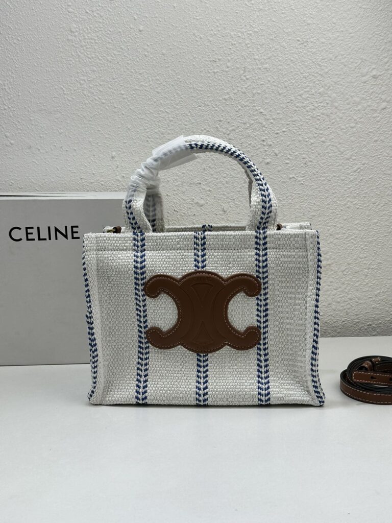Celine Small Cabas Thais In Striped Textile And Calfskin Xhite/Blue 25Cm 199162Eyi01Bb - Image 10