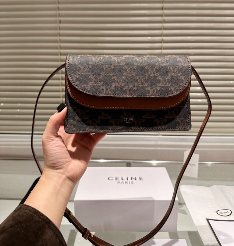 Celine Wallet On Strap In Triomphe Canvas And Smooth Lambskin Tan 20Cm - Image 2