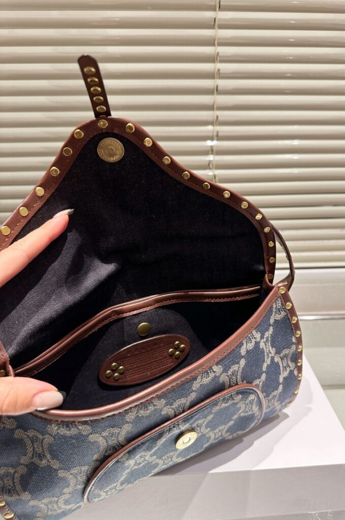 Celine Studded Baguette Bag Macadam Denim Blue Brown 25Cm - Image 3