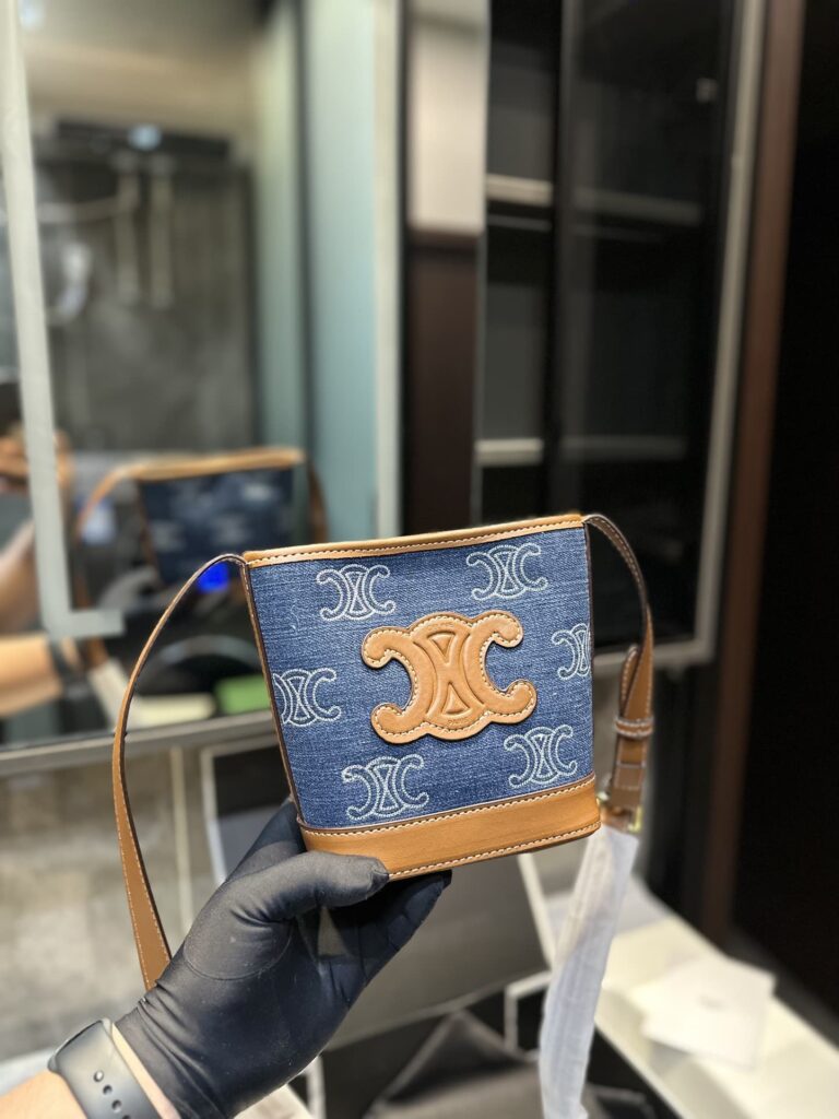 Celine Mini Bucket Cuir Triomphe In Denim With Triomphe All Over Embroidery And Calfskin Navy Tan 16Cm 10L432Fdx 07At - Image 3