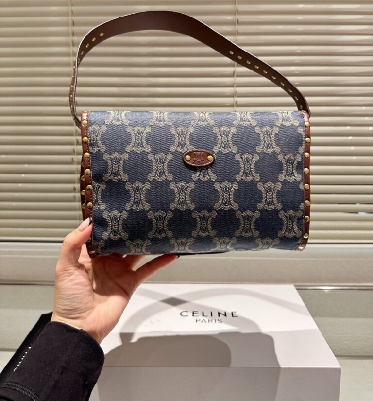 Celine Studded Baguette Bag Macadam Denim Blue Brown 25Cm - Image 4