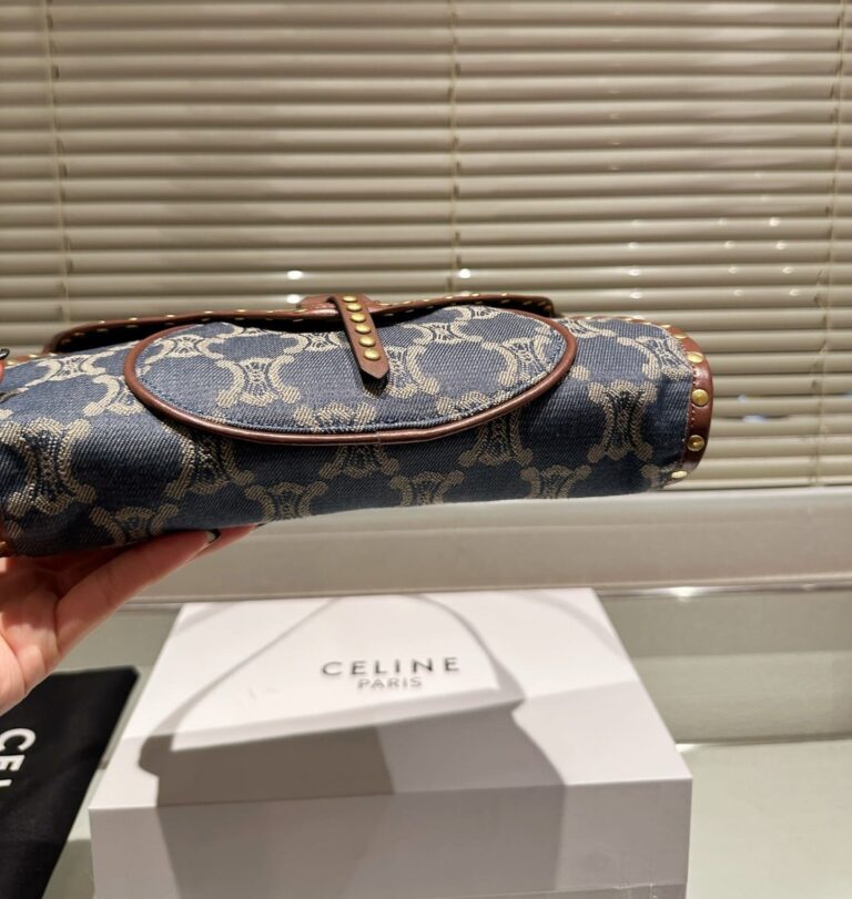 Celine Studded Baguette Bag Macadam Denim Blue Brown 25Cm - Image 5