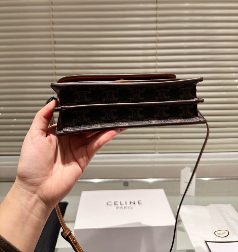 Celine Wallet On Strap In Triomphe Canvas And Smooth Lambskin Tan 20Cm - Image 5
