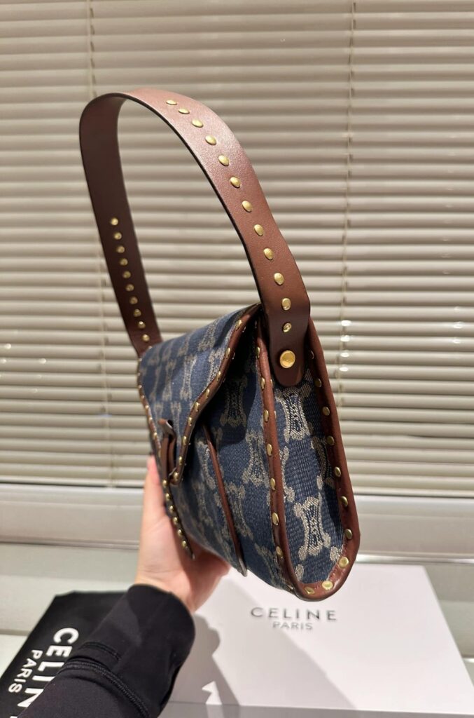 Celine Studded Baguette Bag Macadam Denim Blue Brown 25Cm - Image 7