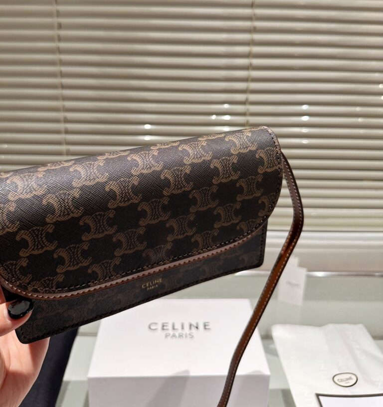 Celine Wallet On Strap In Triomphe Canvas And Smooth Lambskin Tan 20Cm - Image 7