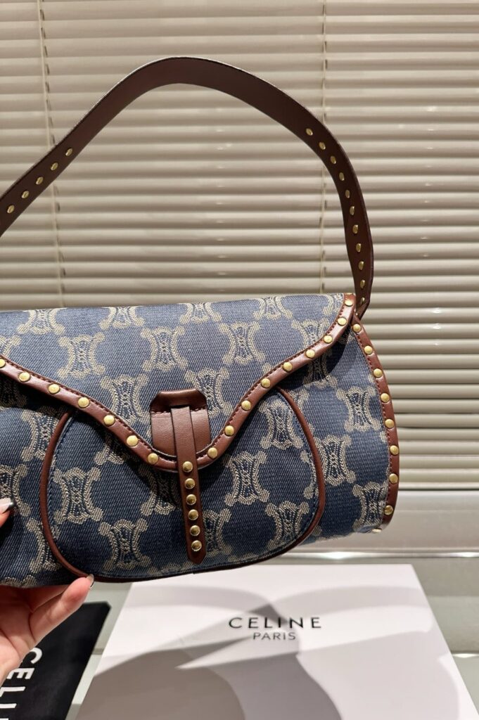 Celine Studded Baguette Bag Macadam Denim Blue Brown 25Cm - Image 8