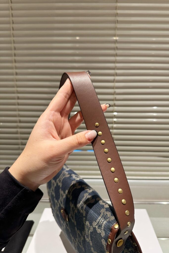 Celine Studded Baguette Bag Macadam Denim Blue Brown 25Cm - Image 9