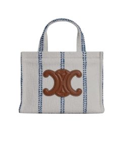 Celine Small Cabas Thais In Striped Textile And Calfskin Xhite/Blue 25Cm 199162Eyi01Bb