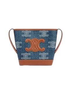 Celine Mini Bucket Cuir Triomphe In Denim With Triomphe All Over Embroidery And Calfskin Navy Tan 16Cm 10L432Fdx 07At
