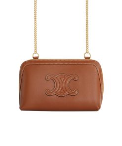 Celine Clutch On Chain Cuir Triomphe In Textile And Calfskin Brown 17Cm 10E383Dr8 04Lu