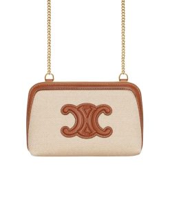 Celine Clutch On Chain Cuir Triomphe In Textile And Calfskin Natural Tan 17Cm