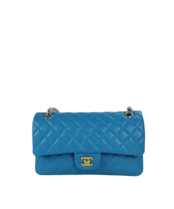 Chanel Classic Medium Lambskin Flap Bag Blue And Gold 25Cm